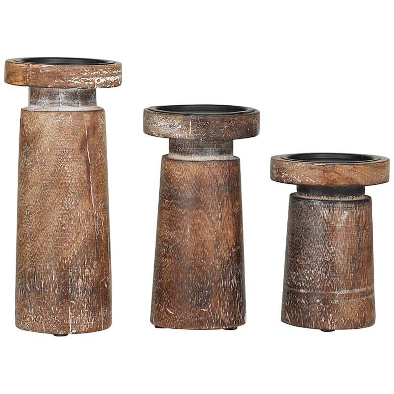 Image 6 Harwood Distressed Brown Pillar Candle Holders Set of 3 more views