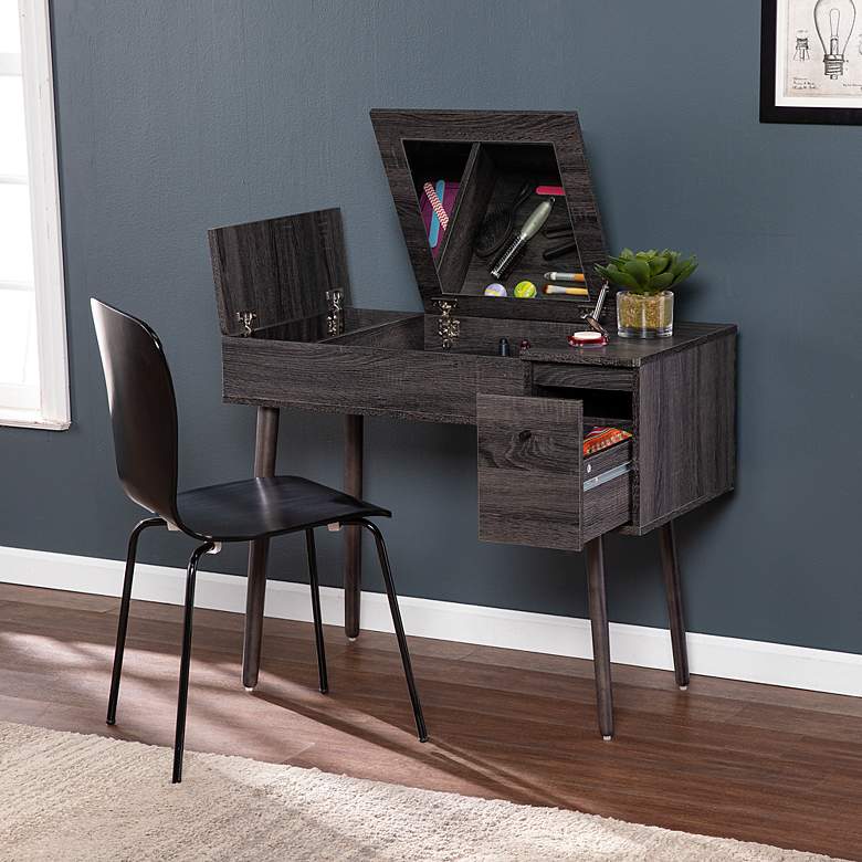 Image 5 Harzen 35 3/4 inch Wide Black Storage Vanity Desk with Mirror more views