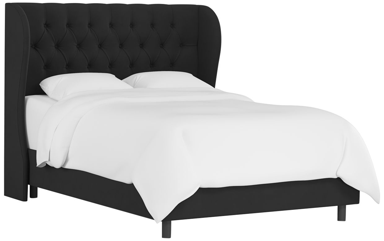 Image 2 Hassa Velvet Black Tufted Fabric Queen Size Wingback Bed - Made to Order