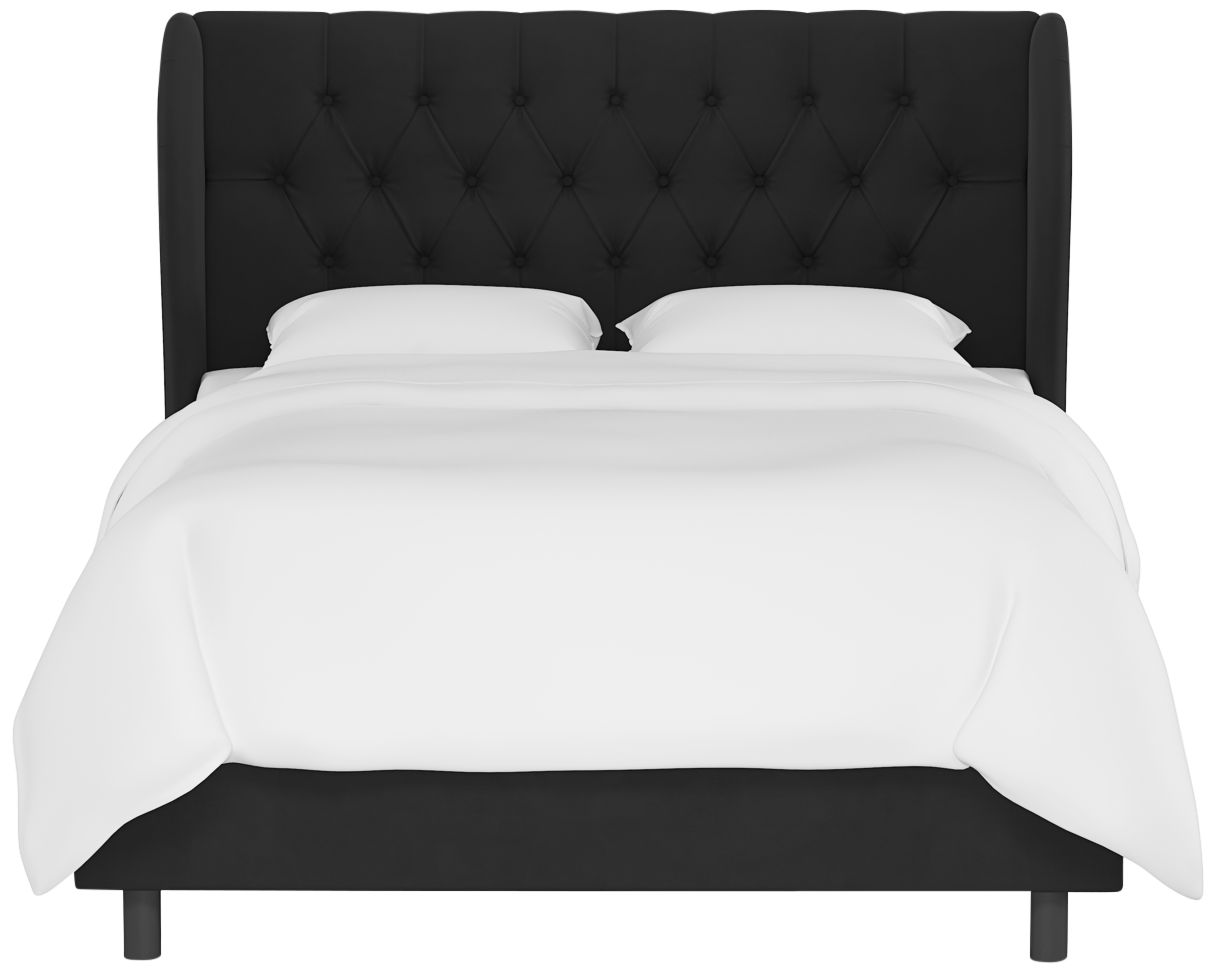 Hassa Velvet Black Tufted Fabric Queen Size Wingback Bed - Made to Order