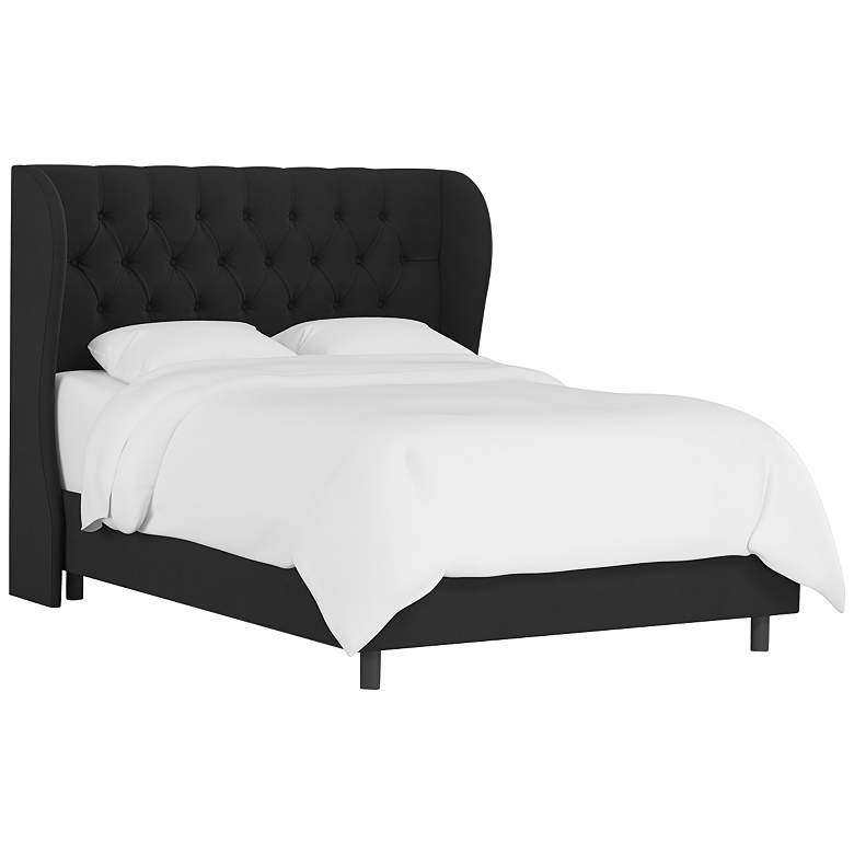 Image 2 Hassa Velvet Black Tufted Fabric Queen Size Wingback Bed
