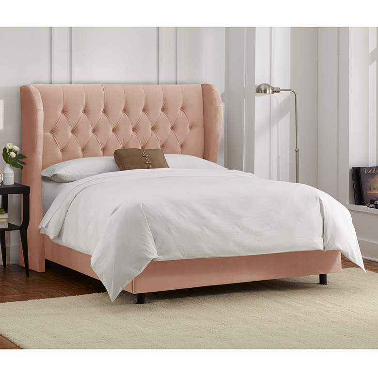 Hassa Velvet Soft Pink Tufted Fabric Queen Size Wingback Bed