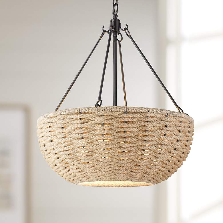 Image 1 Hathaway 20 1/4 inch Wide Matte Black and Rope Basket Pendant Light