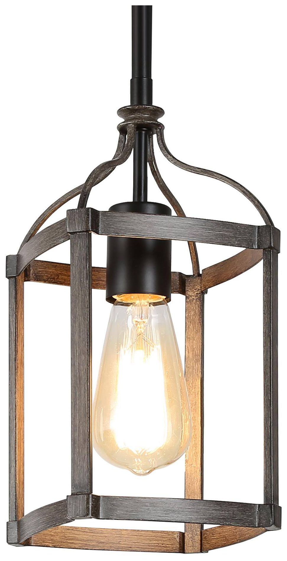 Thumbnail1 of Haven 5.5"W 1-Light Farmhouse Cylinder Wood Grain Metal Lantern Pendant