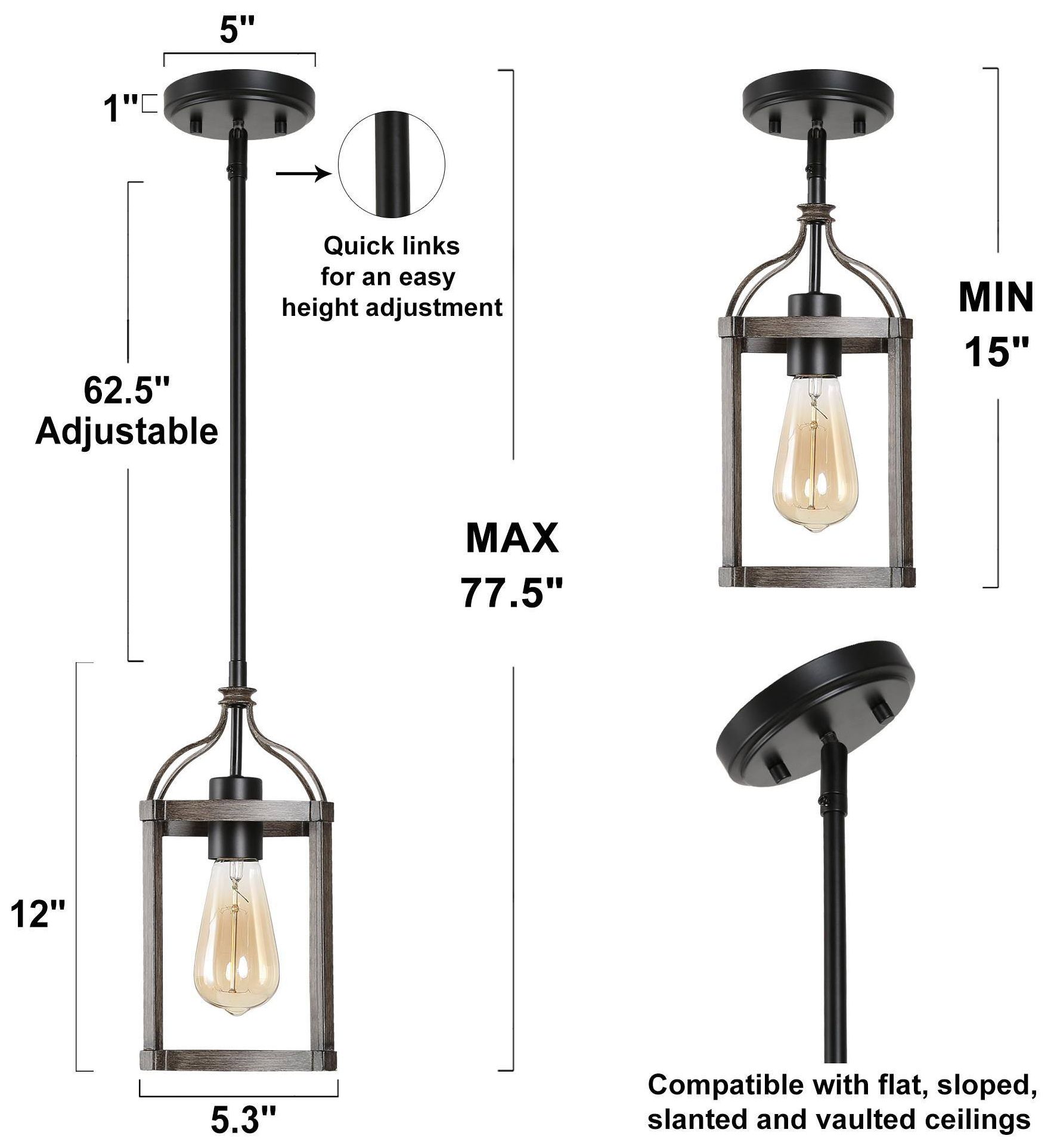 Thumbnail2 of Haven 5.5"W 1-Light Farmhouse Cylinder Wood Grain Metal Lantern Pendant more views