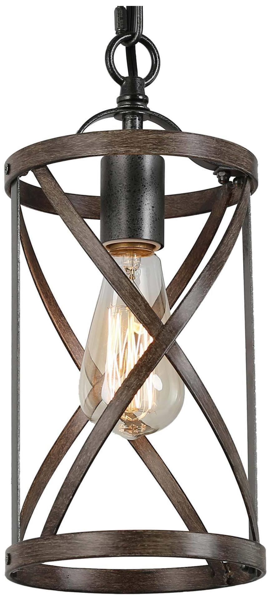 Haven 5.9"W 1-Light Farmhouse Cylinder Wood Grain Metal Pendant