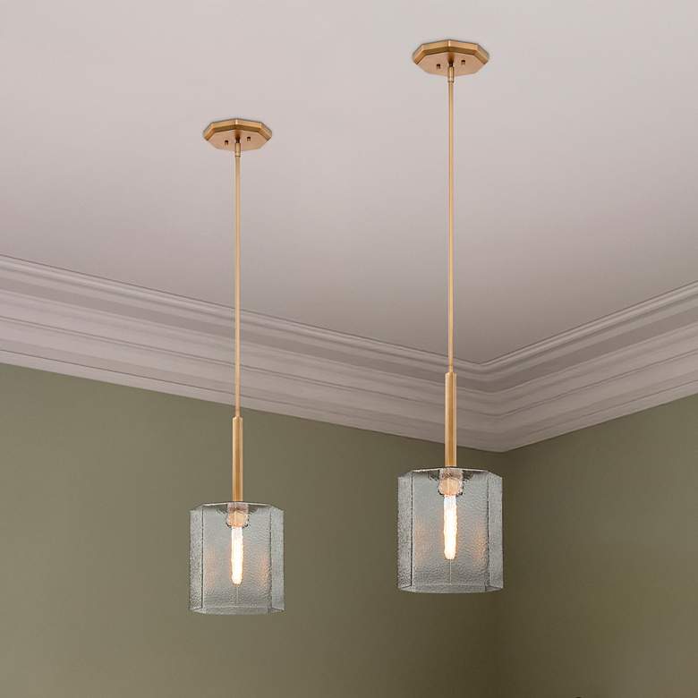 Image 2 Haven 60 Watt 1-Light 10"Old Satin Brass Geometric Pendant Light Shade more views