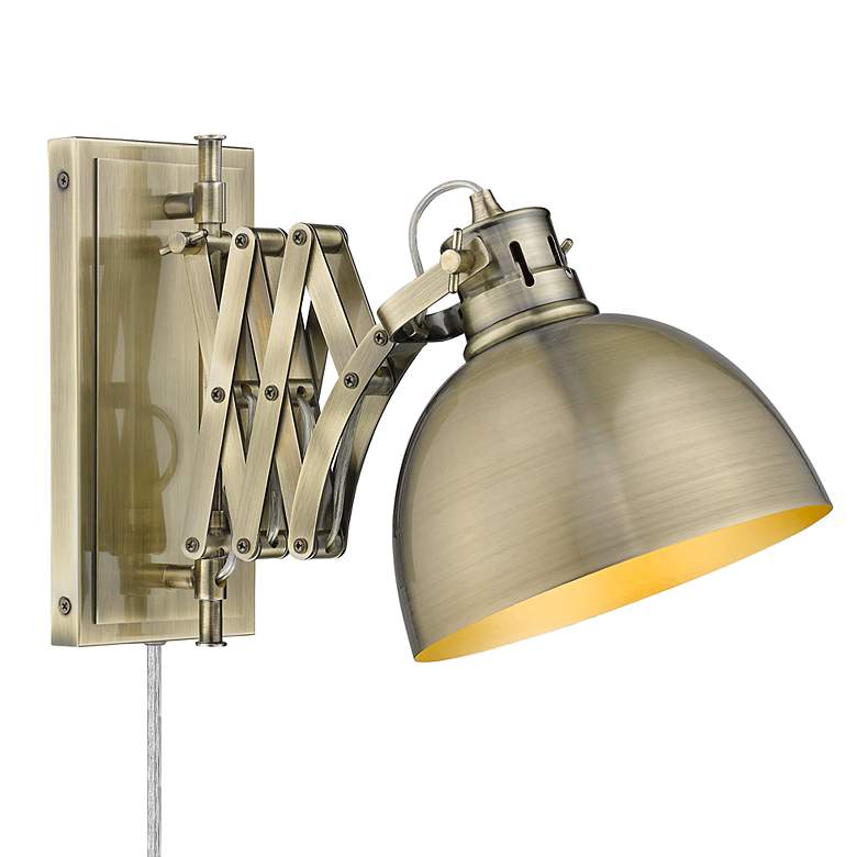 Image 1 Hawthorn 10" High Aged Brass Finish Plug-In Swing Arm Wall Lamp