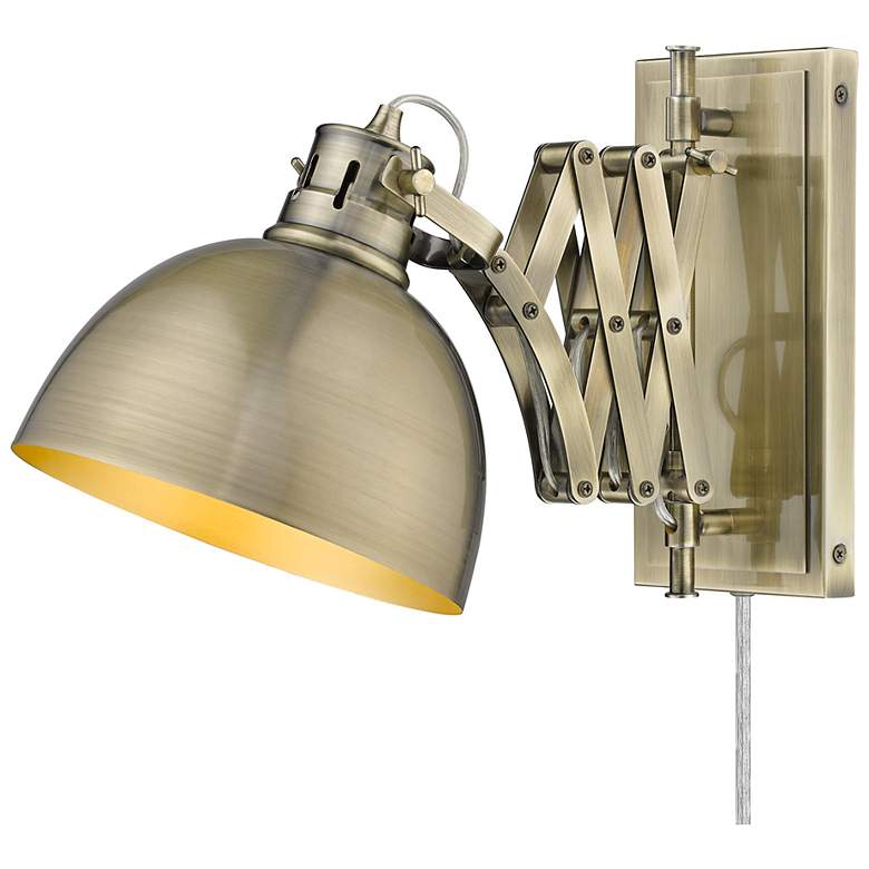 Image 1 Hawthorn 10" High Aged Brass Finish Plug-In Swing Arm Wall Lamp