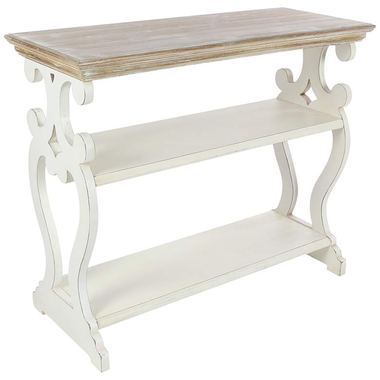 Image 2 Hayley 38"W White Brown Wood Scroll 2-Shelf Console Table