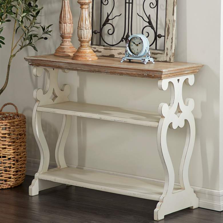 Image 1 Hayley 38"W White Brown Wood Scroll 2-Shelf Console Table