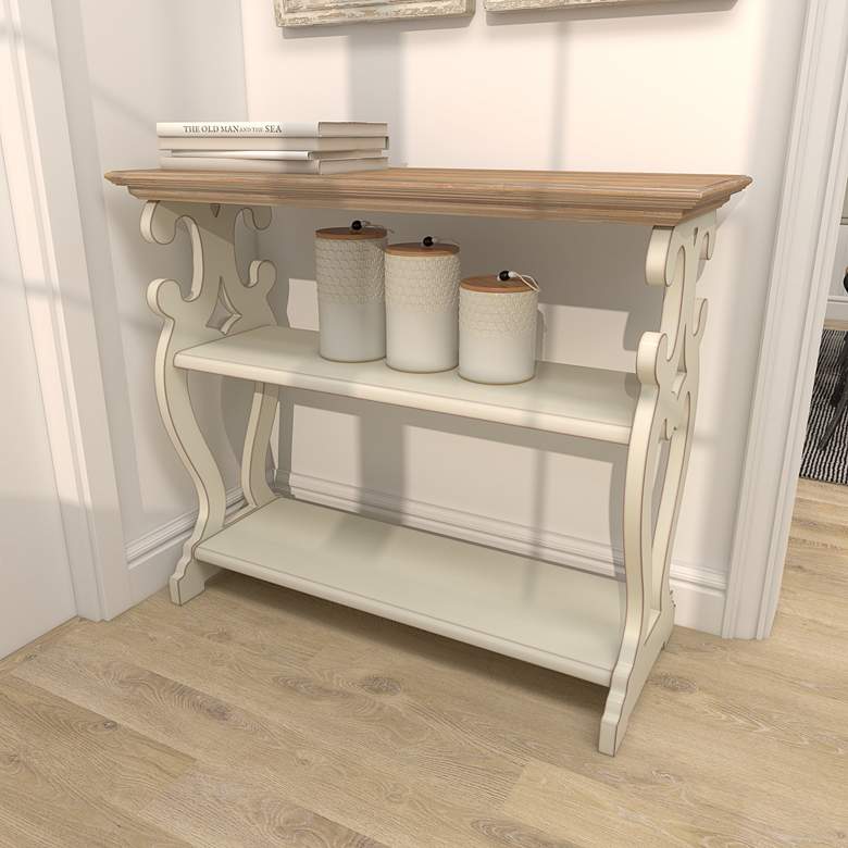 Image 6 Hayley 38"W White Brown Wood Scroll 2-Shelf Console Table more views