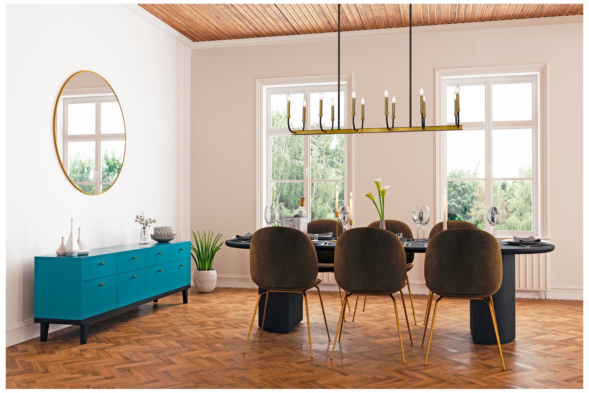 Image 3 Haylie 56"W Matte Black Brass 12-Light Island Chandelier more views