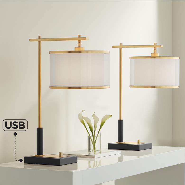 Image 1 Hayven Gold Black Desk Lamps Set of 2 with Dual USB Ports