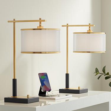 Hayven Gold Black Desk Lamps Set of 2 with Dual USB Ports