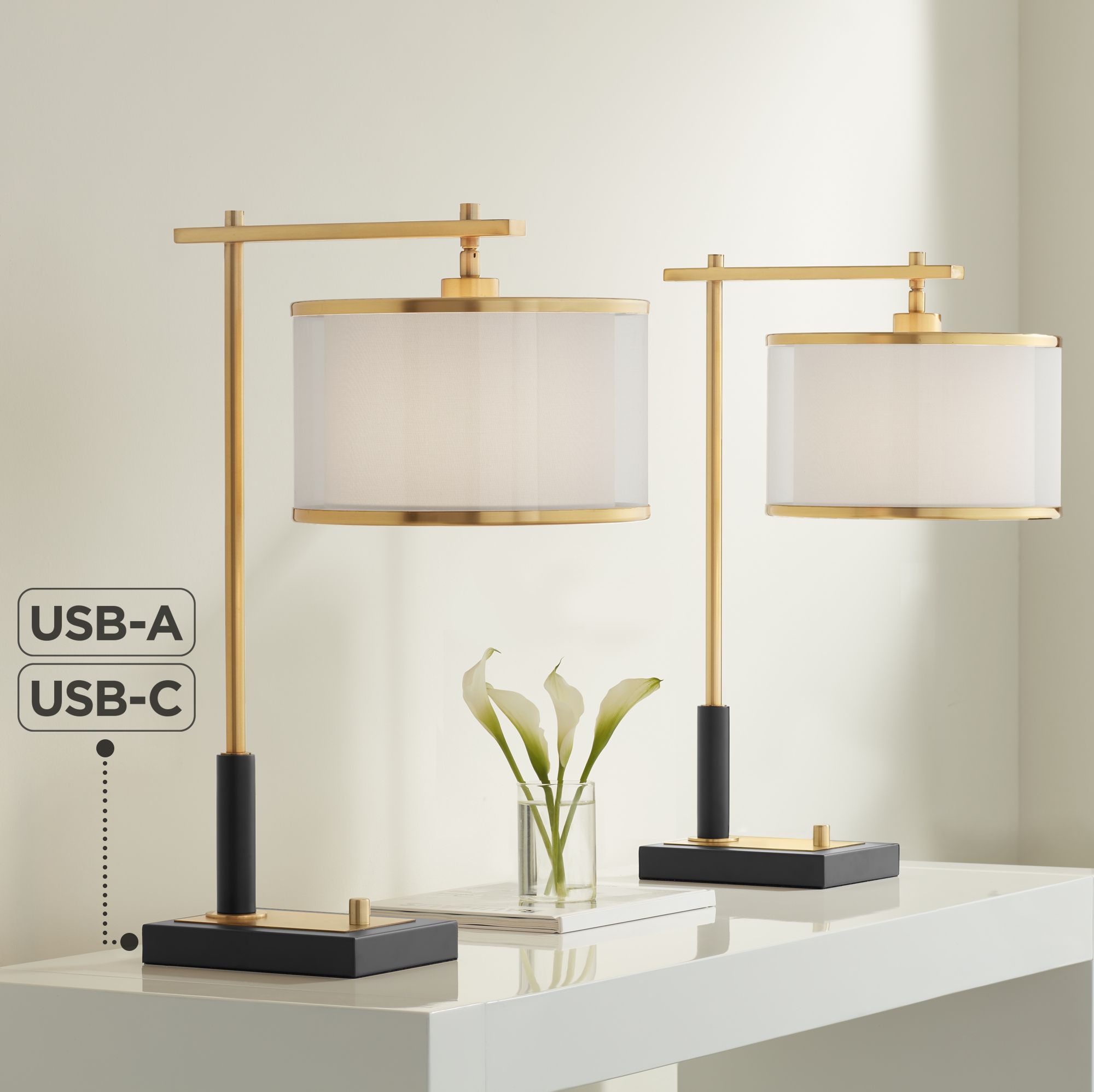 Hayven Gold Black Desk Lamps Set of 2 with Dual USB Ports