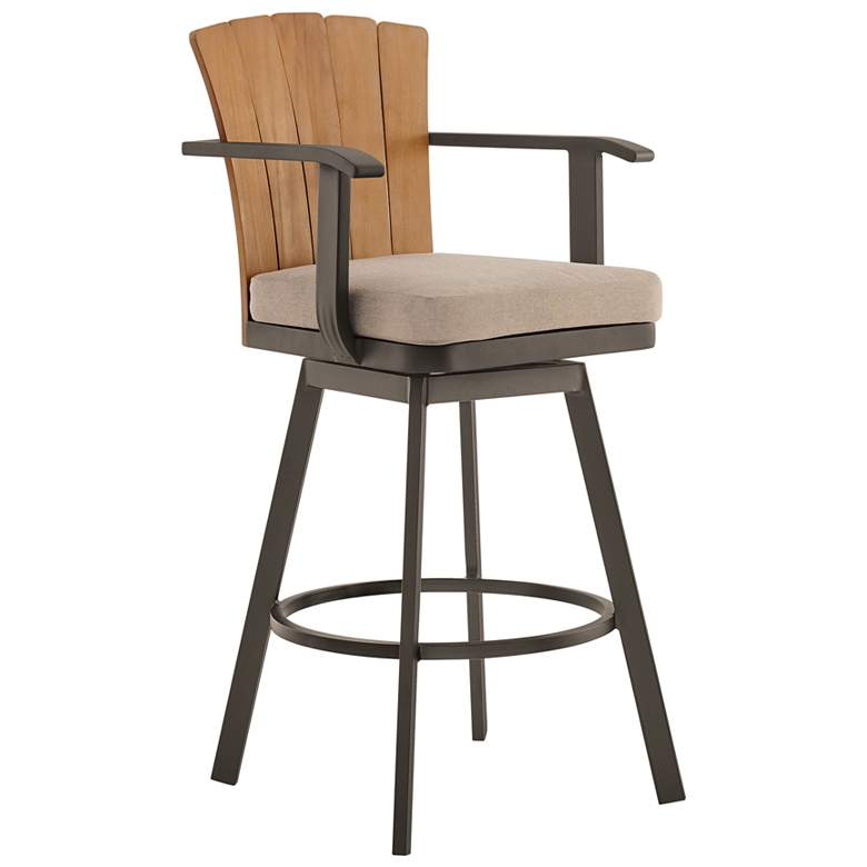 Image 1 Hazel 26 in. Outdoor Barstool in Aluminum, Teak Wood and Brown Cushion