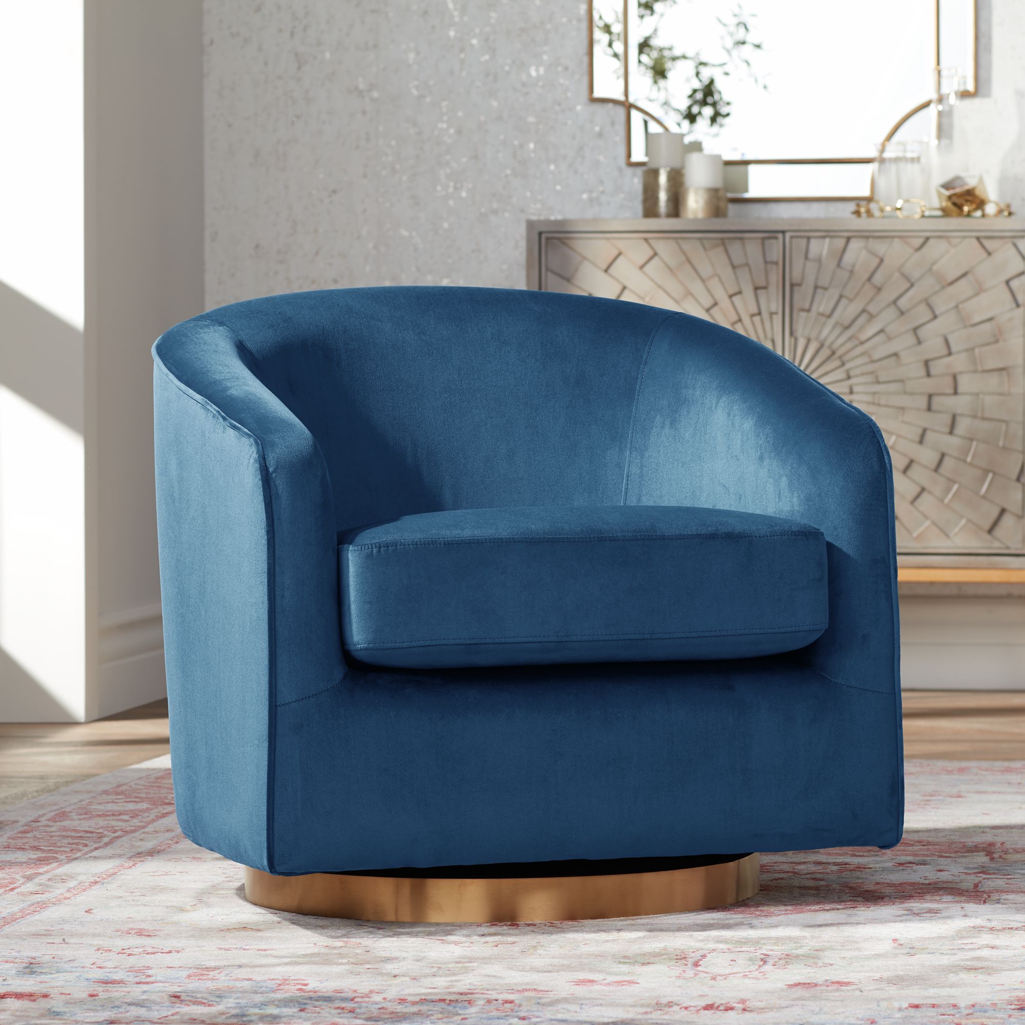 blue velvet swivel armchair