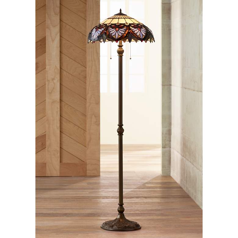 Image 1 Heart Motif Patina Bronze Tiffany-Style Floor Lamp