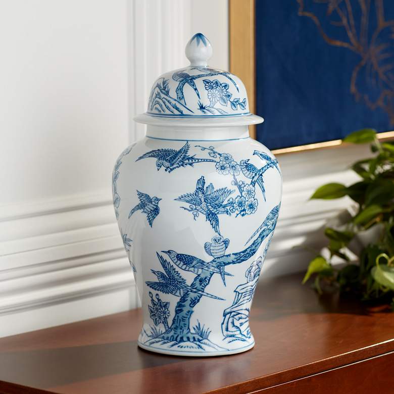 Image 2 Heather 16" High Blue and White Ceramic Ginger Jar with Lid