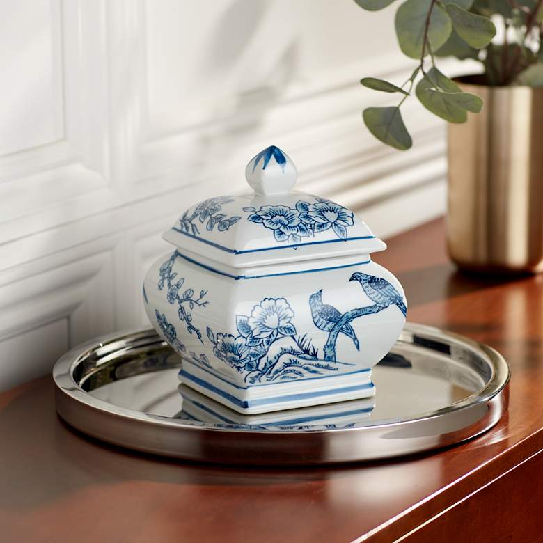 Image 2 Heather 7 1/2" High Blue and White Ceramic Decorative Jar with Lid