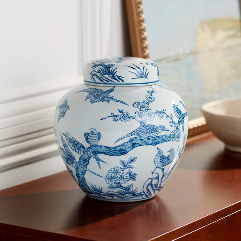 Image 2 Heather 9 1/2" High Blue and White Ceramic Decorative Jar with Lid