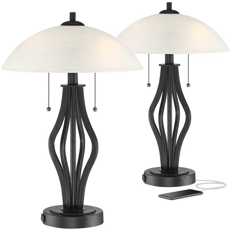 Image 2 Heather Glass Shade Accent Table Lamp with USB Port Set of 2