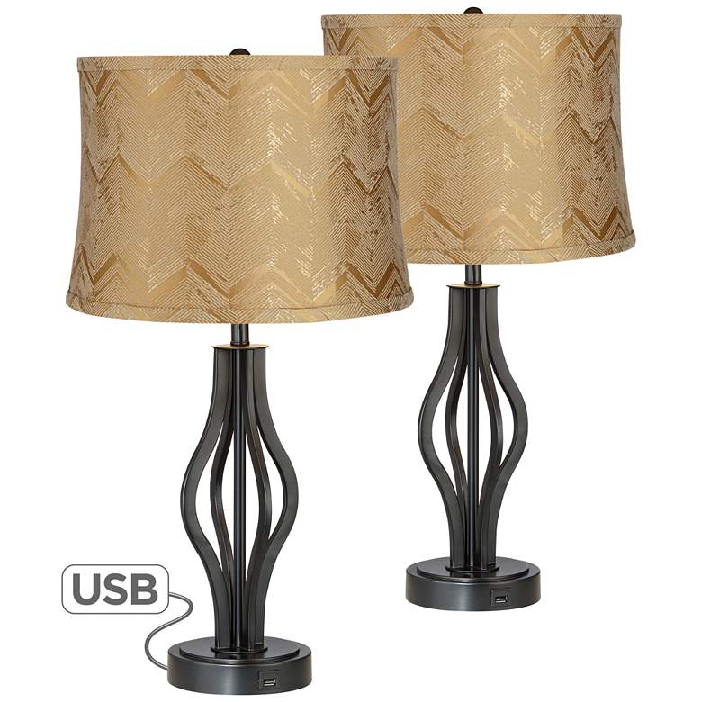 Image 1 Heather USB Table Lamps with Gold Banqiao Shade Set of 2