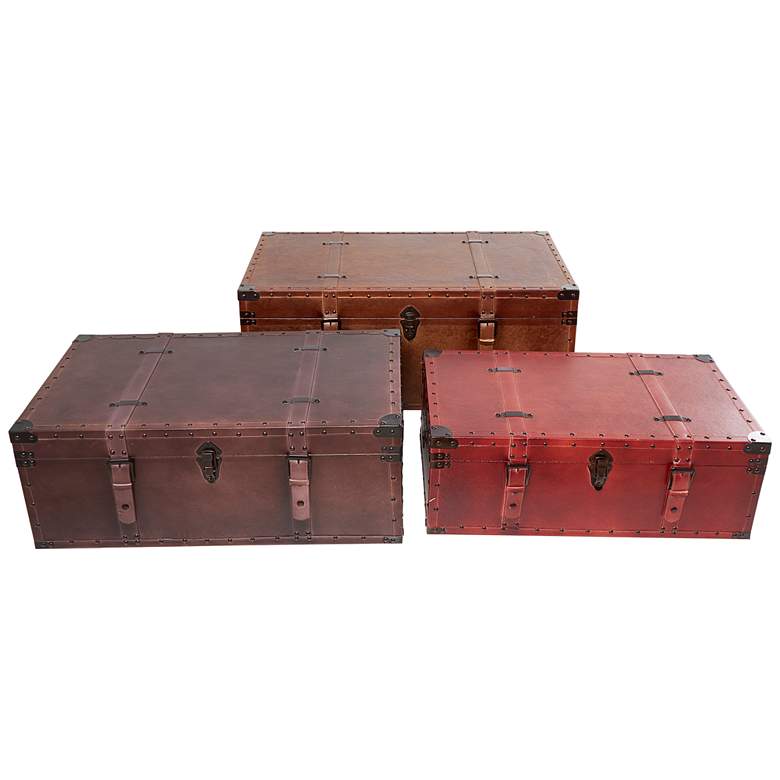 Image 2 Heathrow 32"W Red Brown Tan Wood Nesting Trunks Set of 3