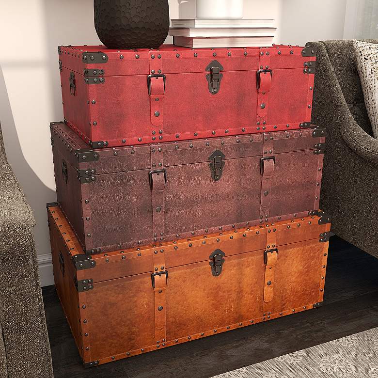 Image 1 Heathrow 32"W Red Brown Tan Wood Nesting Trunks Set of 3