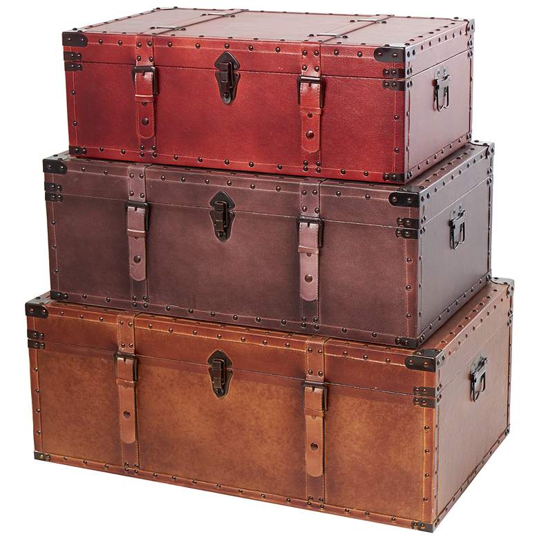 Image 5 Heathrow 32"W Red Brown Tan Wood Nesting Trunks Set of 3 more views