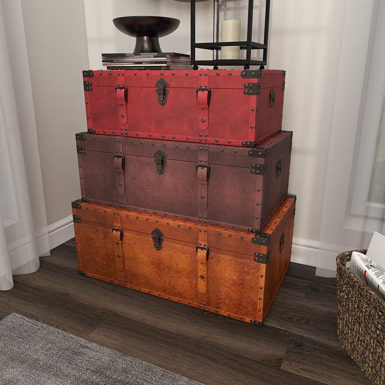 Image 7 Heathrow 32 inchW Red Brown Tan Wood Nesting Trunks Set of 3 more views