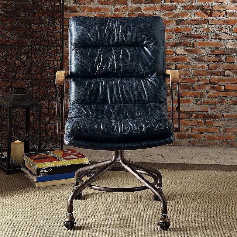 Image 1 Hedia Vintage Dark Blue Top Grain Leather Swivel Office Chair