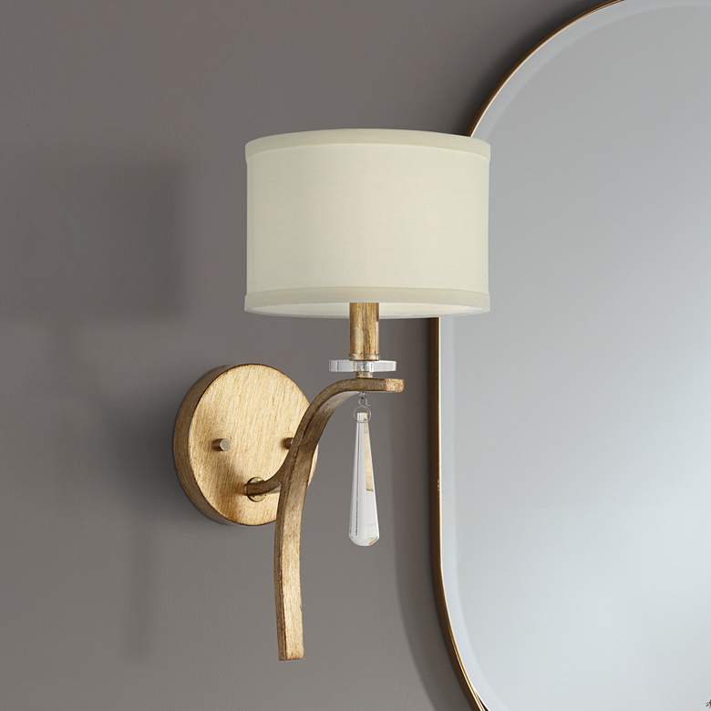 Image 1 Helaine 15 1/4 inch High Gold and White Linen Wall Sconce