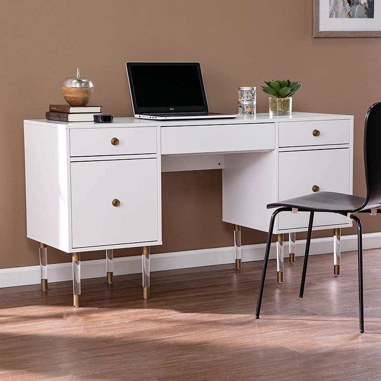 Image 1 Helston 55" Wide White Wood 5-Drawer Writing Desk
