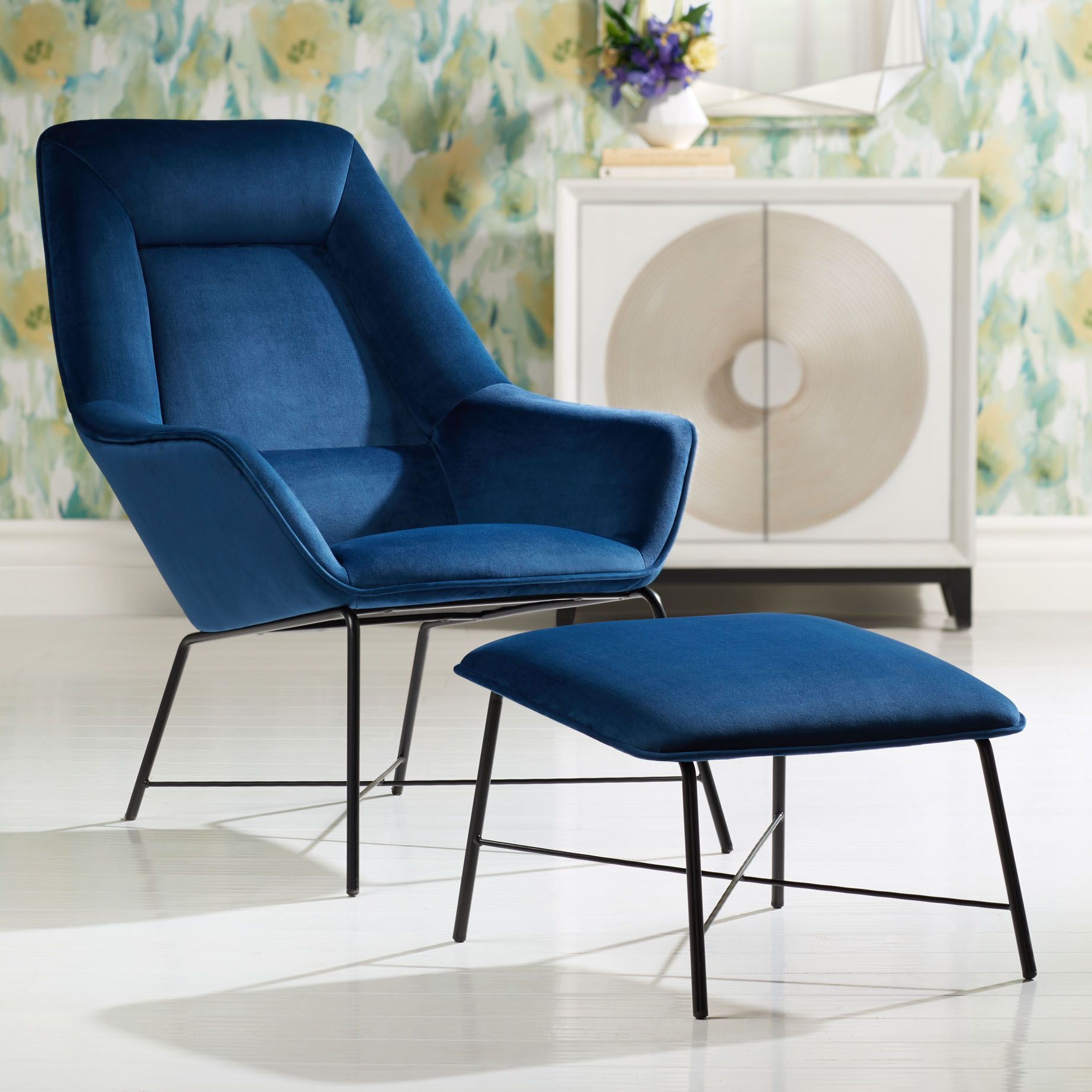 blue velvet chair and ottoman