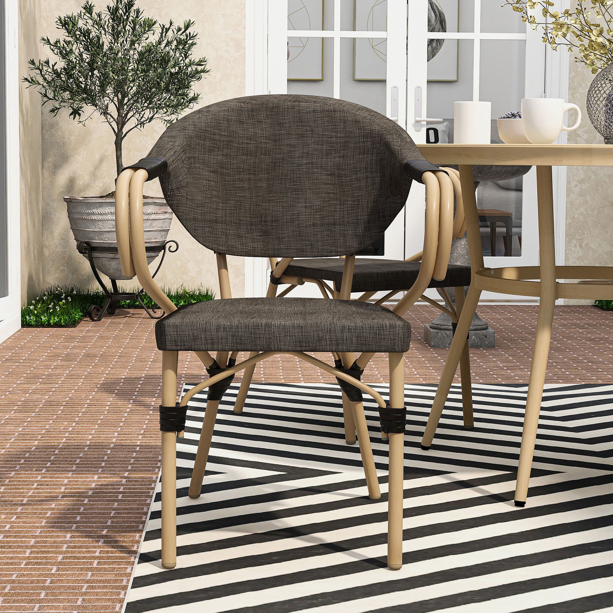 Hendara Brown Fabric Outdoor Patio Bar Chairs Set of 2