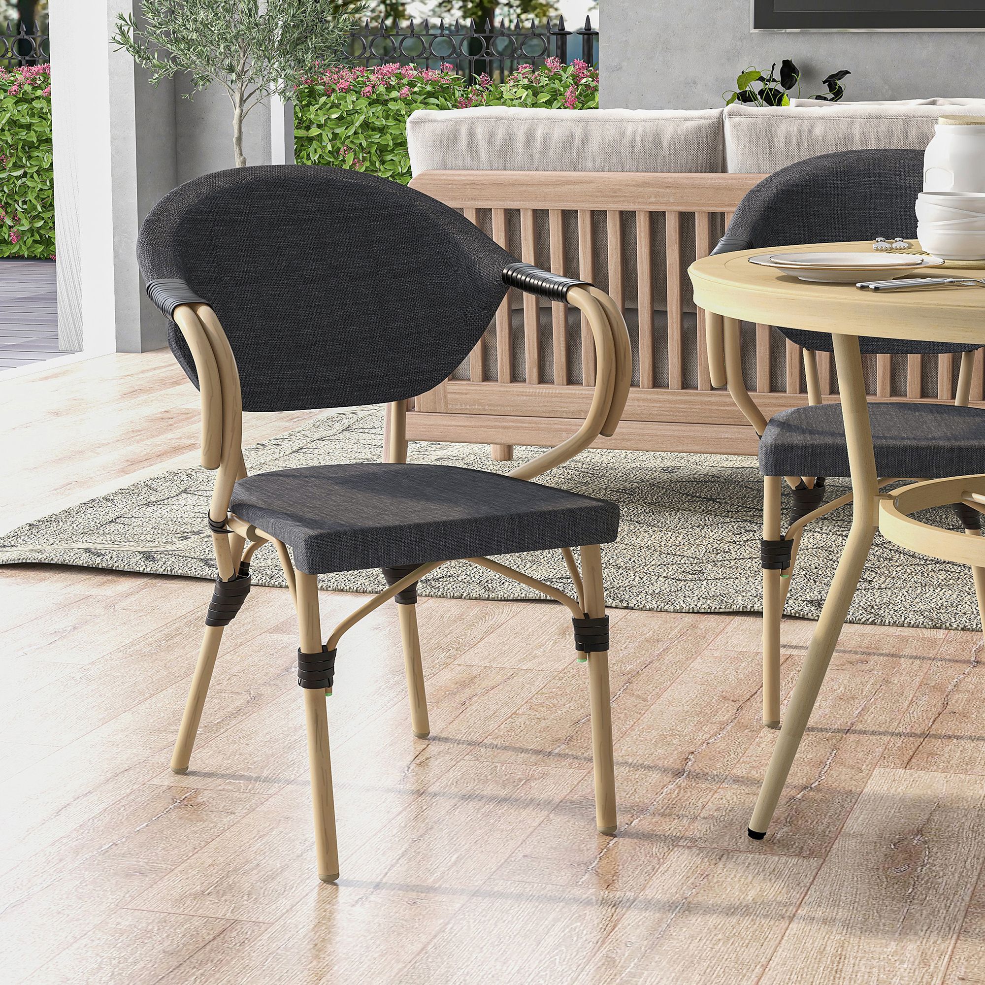 Hendara Dark Gray Fabric Outdoor Patio Bar Chairs Set of 2