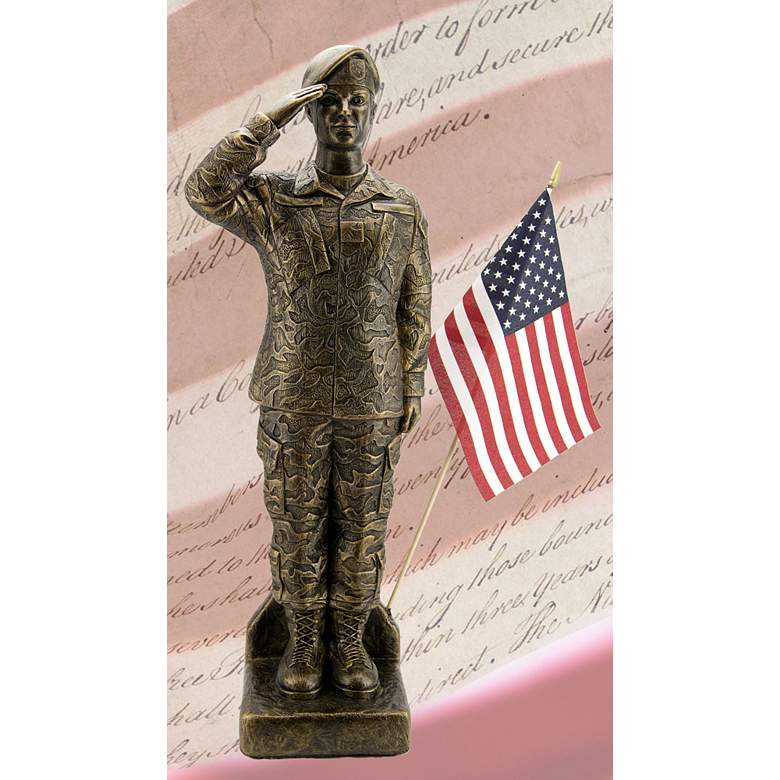 Image 1 Henri Studio Camo Woman 30"H Bronze Outdoor Statue with Flag