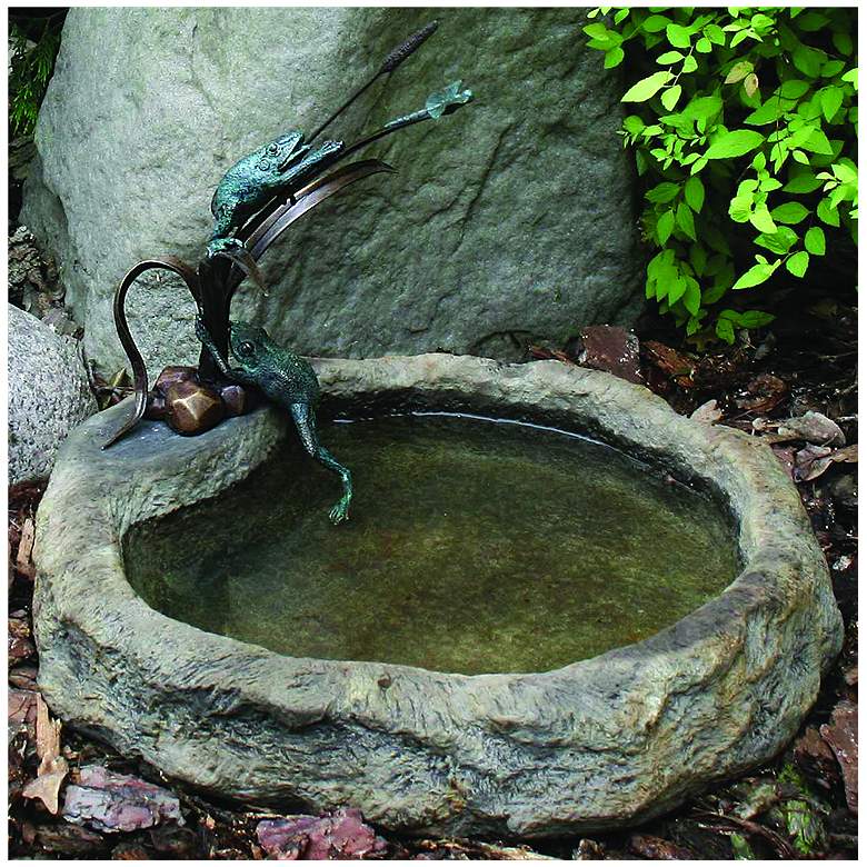 Image 1 Henri Studios Frog and Dragonfly 14 inchH Cast Stone Dish Accent