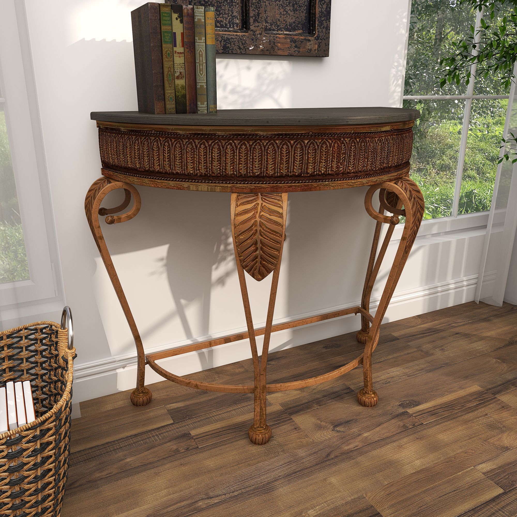 Hensley 41" Wide Gold Metal Embossed Leaf Console Table