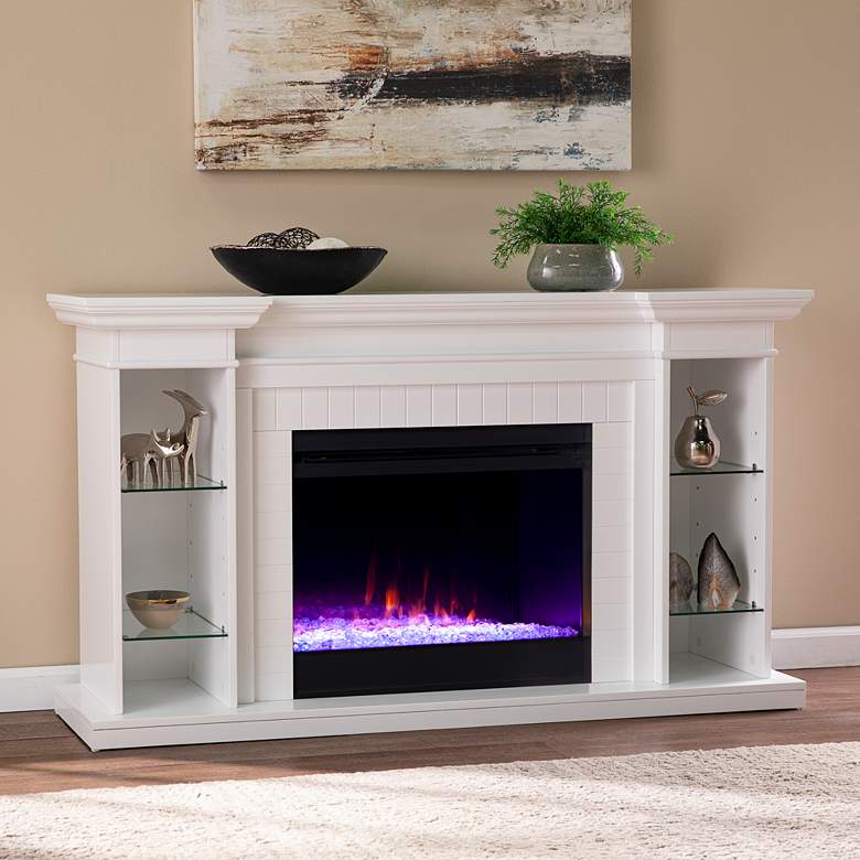 Image 1 Henstinger 54 3/4"W White Color Changing 4-Shelf Fireplace