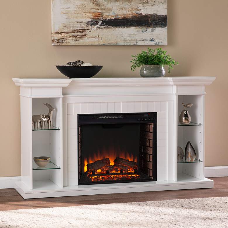Image 1 Henstinger 54 3/4"W White Wood 4-Shelf Electric Fireplace