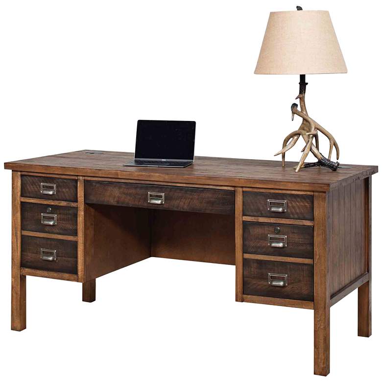 Image 1 Heritage 60" Wide Hickory Wood 5-Drawer Pedestal Desk