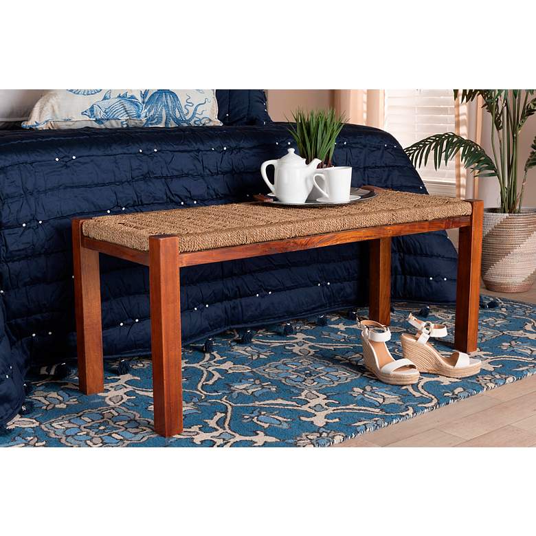 Image 1 Hermes Natural Seagrass Walnut Brown Wood Rectangular Bench