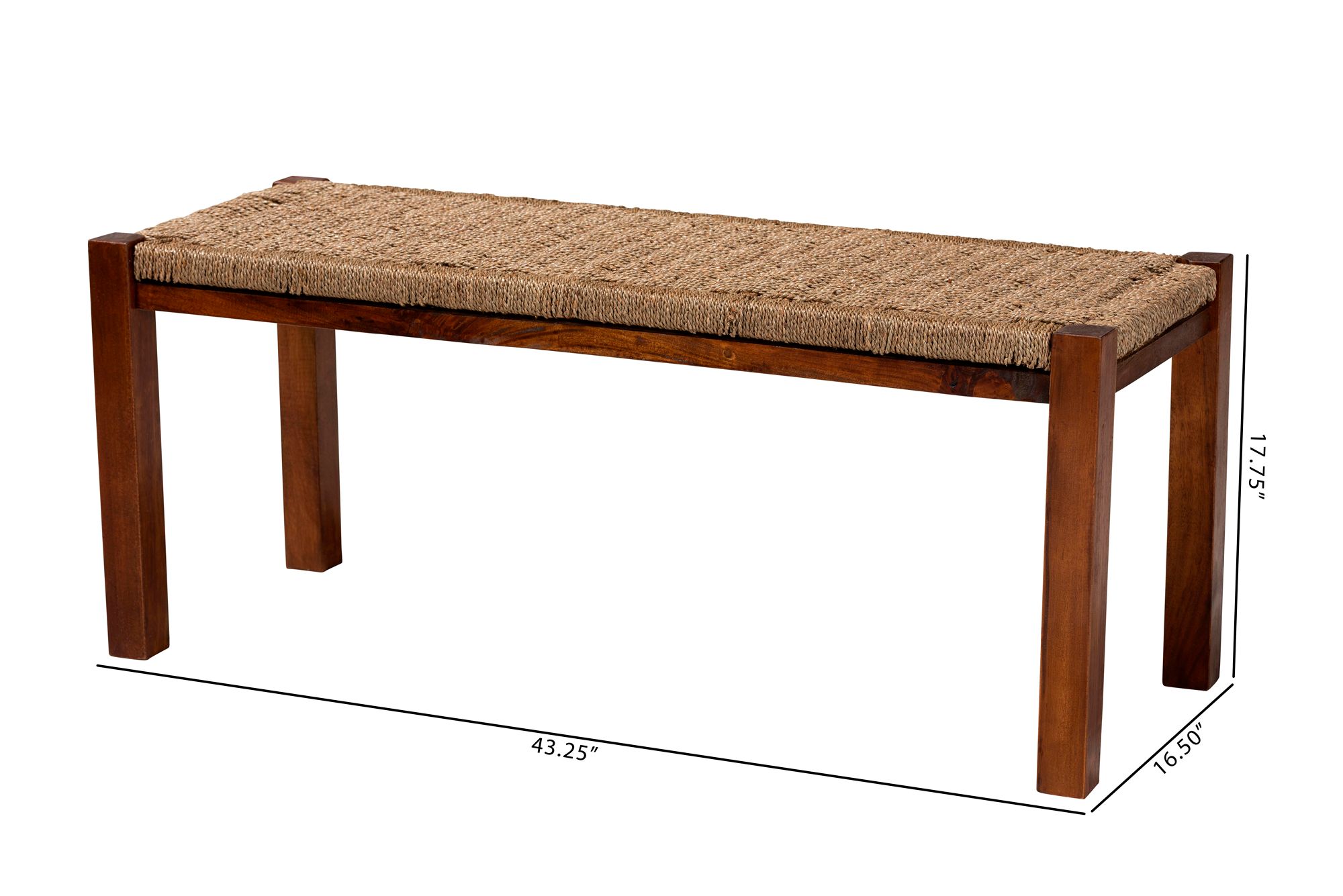 Hermes Natural Seagrass Walnut Brown Wood Rectangular Bench