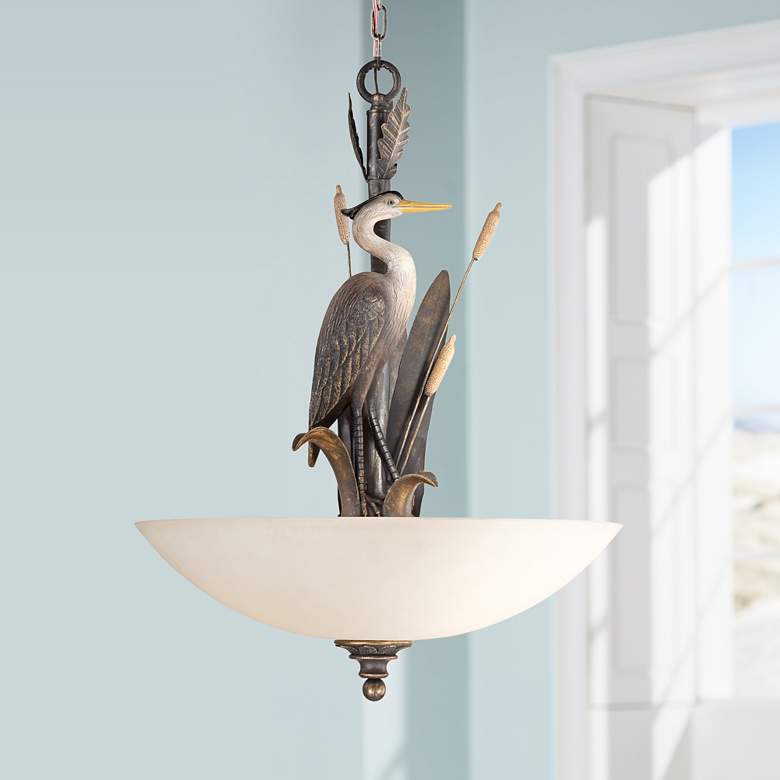 Image 1 Heron Bird in Grass Reeds 20 inch Wide Frosted Glass 3-Light Bowl Pendant