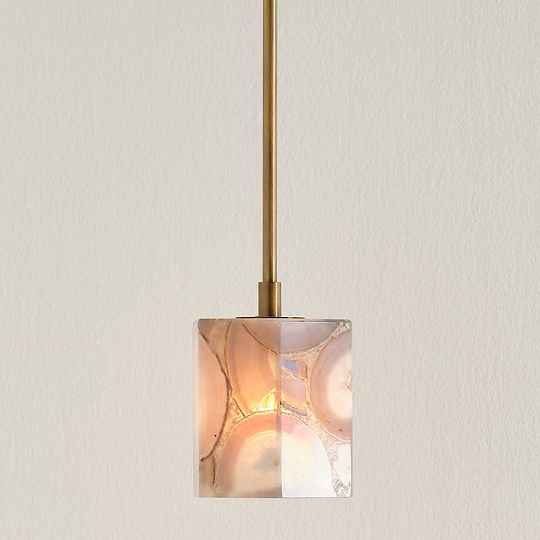 Image 1 Hex 6" Wide Antique Brass and Agate Stone Mini Pendant