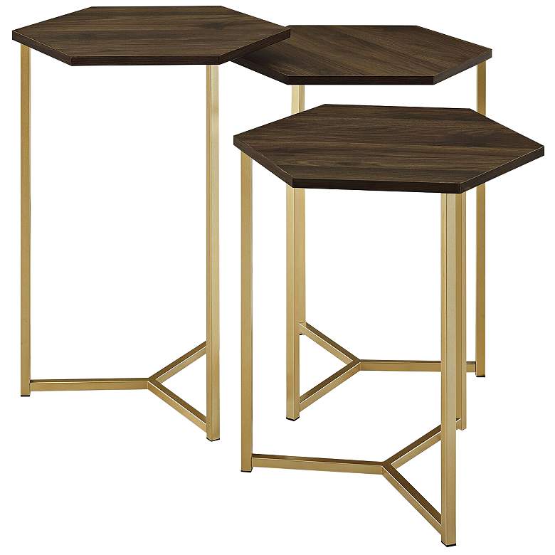 Image 2 Hex Dark Walnut Top and Gold Metal Tables Set of 3