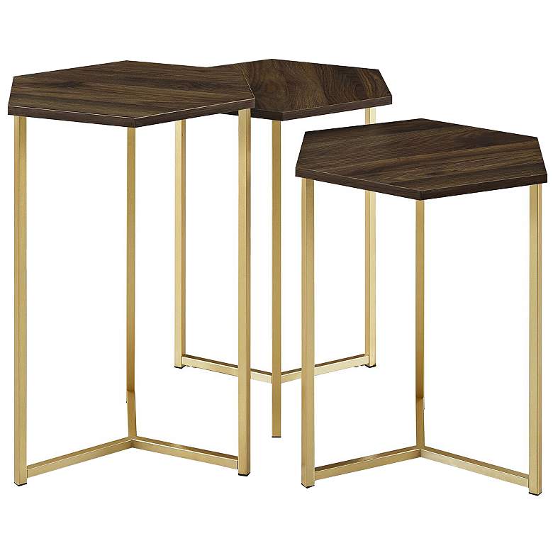 Image 3 Hex Dark Walnut Top and Gold Metal Tables Set of 3 more views